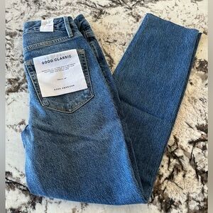 Good American Classic Raw Hem Medium Wash High Rise jeans size 25
